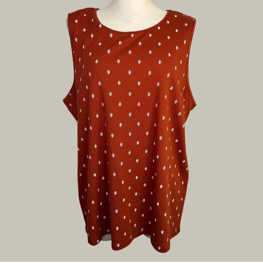 CJ Banks Womens 2X Brown Cotton Leaf Print Sleeveless Tank Top Scoop Neck